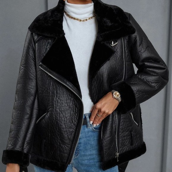 Black Preppy womens Teddy Panel Zip Up Moto Jacket - Picture 2 of 5